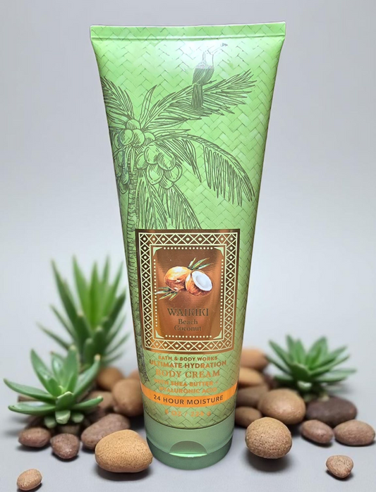 Bath &amp; Body Work Waikiki Beach Coconut Ultimate Hydration Body Cream 8 fl oz

Dive into the playful vibes of Bath &amp; Body Works Waikiki Beach Coconut Ultimate Hydration Body Cream.&nbsp;

It smells like a sweet, sunny beach escape with tropical white coconut, saltwater breezes, and sun-bleached woods.

Packed with natural essential oils, vitamin E, and aloe, this cream nourishes your skin without sulfates, parabens, or artificial dyes.