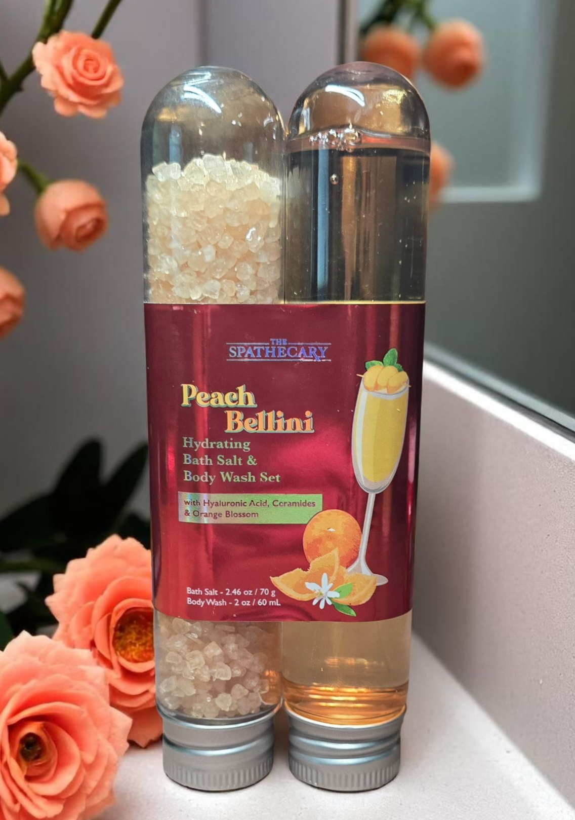 New 2 Pc Set Peach Bellini Hydrating Bath Salts and Body Wash