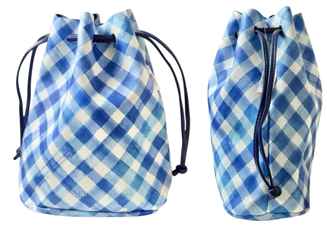 New Bath and Body Works Gingham Blue & White Drawstring Reusable Bag, Gift Bag