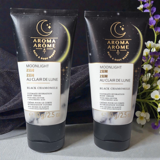 Bath and Body Works Set of 2 Travel Size Moonlight Zen Black Chamomile Body Creams.