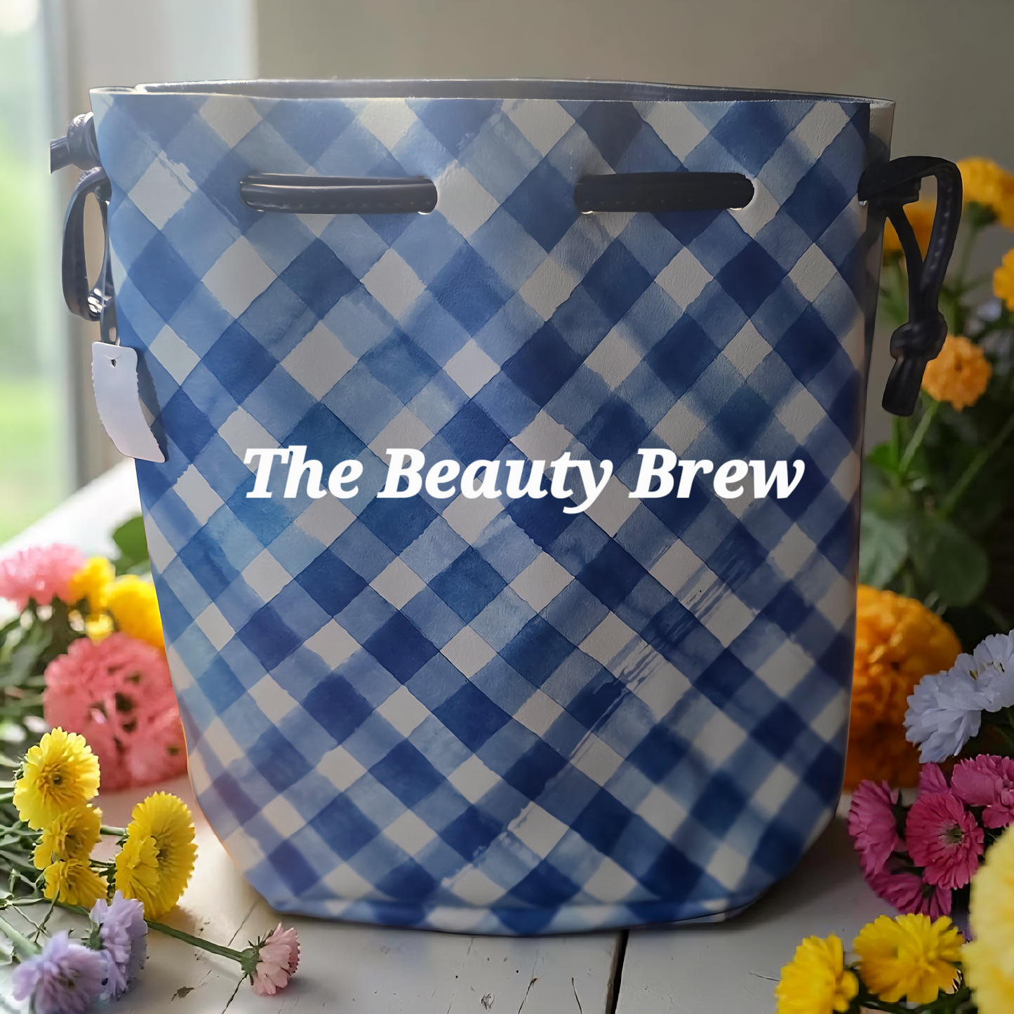 New Bath and Body Works Gingham Blue & White Drawstring Reusable Bag, Gift Bag