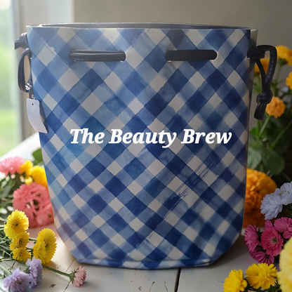 New Bath and Body Works Gingham Blue & White Drawstring Reusable Bag, Gift Bag