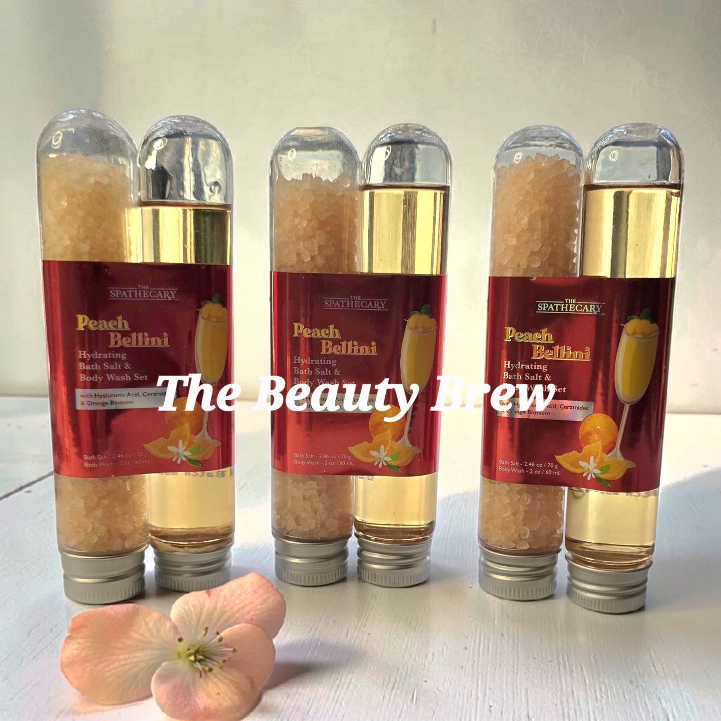 New 4 Pc Set Peach Bellini Hydrating Bath Salts and Body Washes